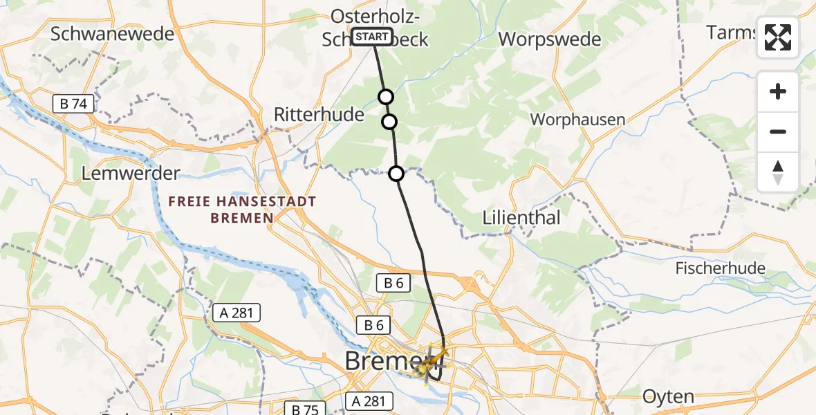 Flugroute Rettungshubschrauber Osterholz-Scharmbeck - Bremen, 22 September 2026, 10:07