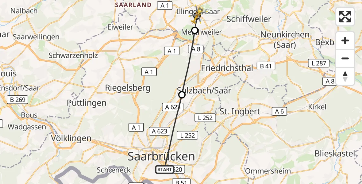 Flugroute Rettungshubschrauber Saarbrücken - Illingen, 22 September 2026, 10:08