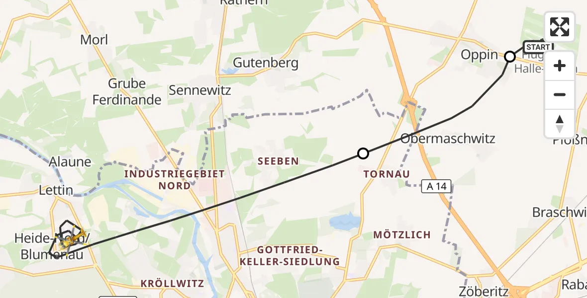 Flugroute Rettungshubschrauber Halle-Oppin Flugplatz - Halle (Saale), 22 September 2026, 10:12