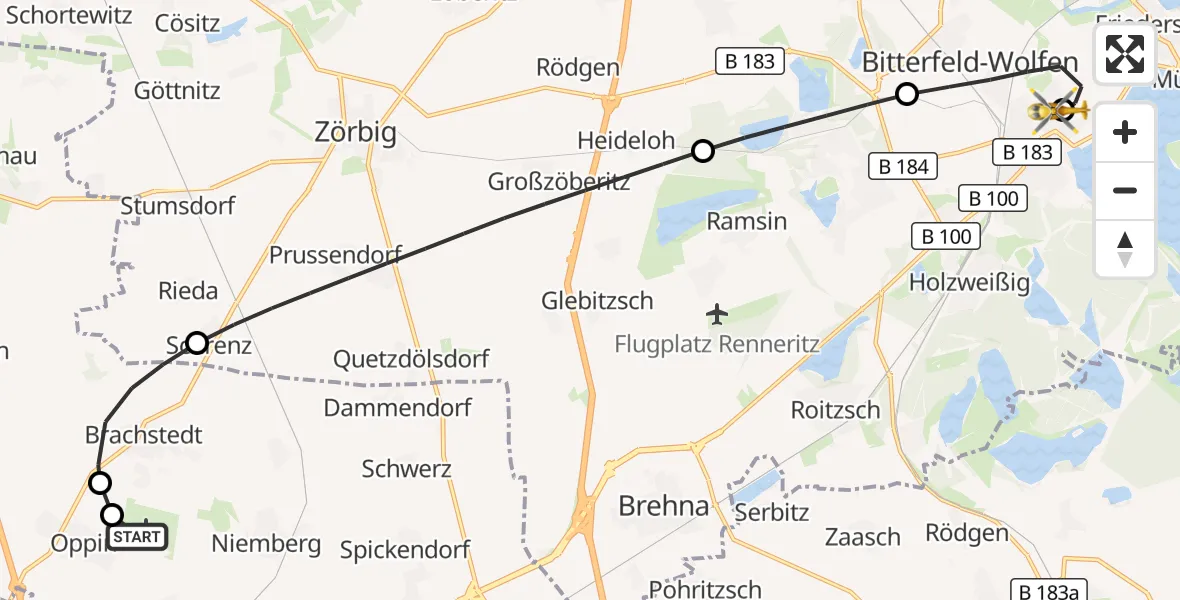 Flugroute Rettungshubschrauber Halle-Oppin Flugplatz - Bitterfield-Wolfen Health Center Hubschrauberlandeplatz, 22 September 2026, 10:16
