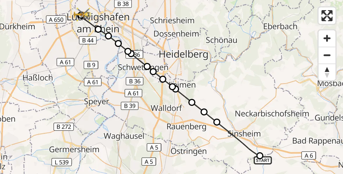 Flugroute Rettungshubschrauber Ittlingen - Ludwigshafen Accident Hospital, 22 September 2026, 10:21