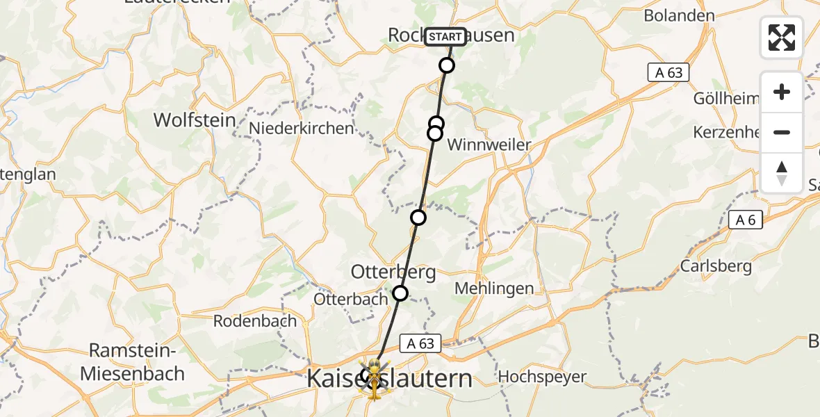 Flugroute Rettungshubschrauber Rockenhausen - Westpfalz Hospital Kaiserslautern, 22 September 2026, 10:25