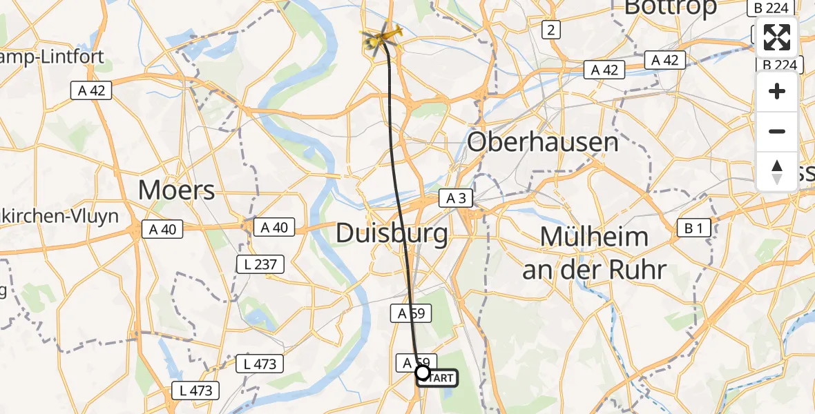 Flugroute Rettungshubschrauber Duisburg Air Rescue Hubschrauberlandeplatz (Christoph 9) - Duisburg, 22 September 2026, 10:30