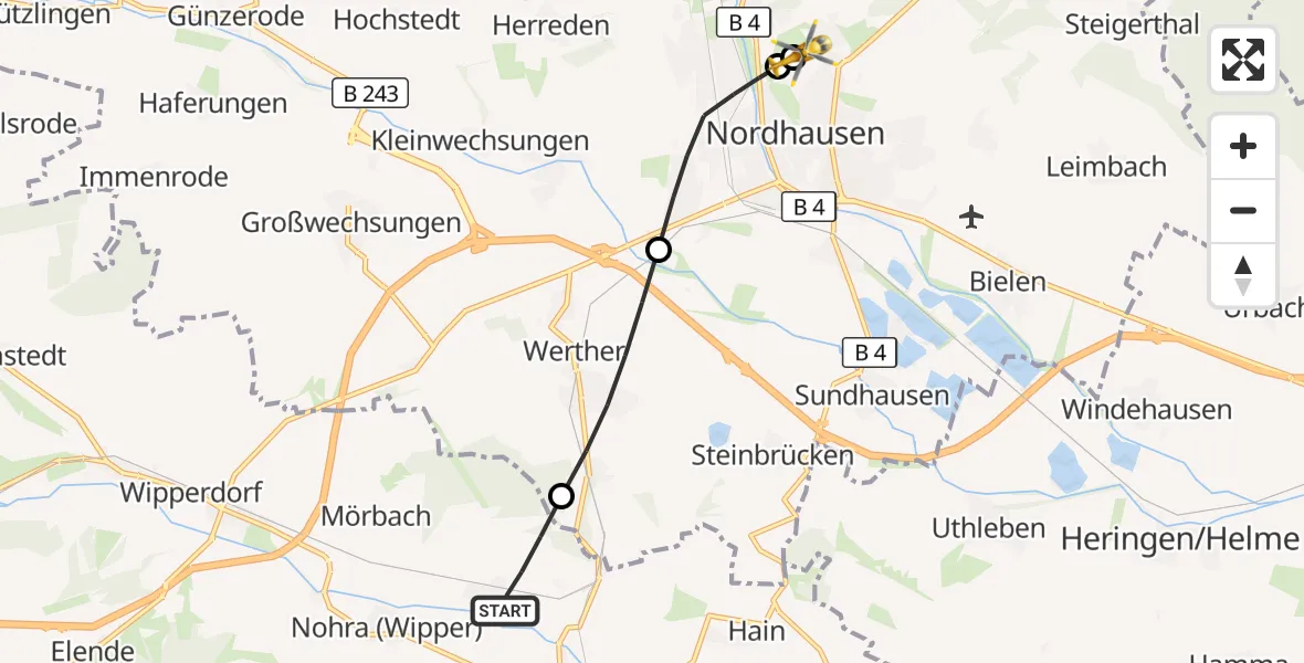 Flugroute Rettungshubschrauber Bleicherode - Südharz Hospital Nordhausen, 22 September 2026, 10:30