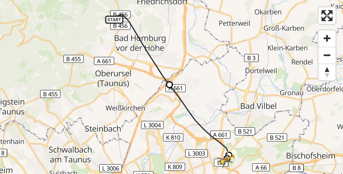 Flugroute Rettungshubschrauber Bad Homburg v.d.Höhe - Frankfurt am Main Accident Hospital Roof, 22 September 2026, 10:32