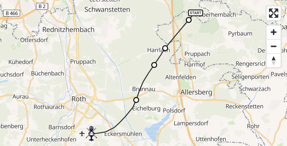 Flugroute Polizeihubschrauber Wendelstein - Flugplatz Roth, 22 September 2026, 10:38