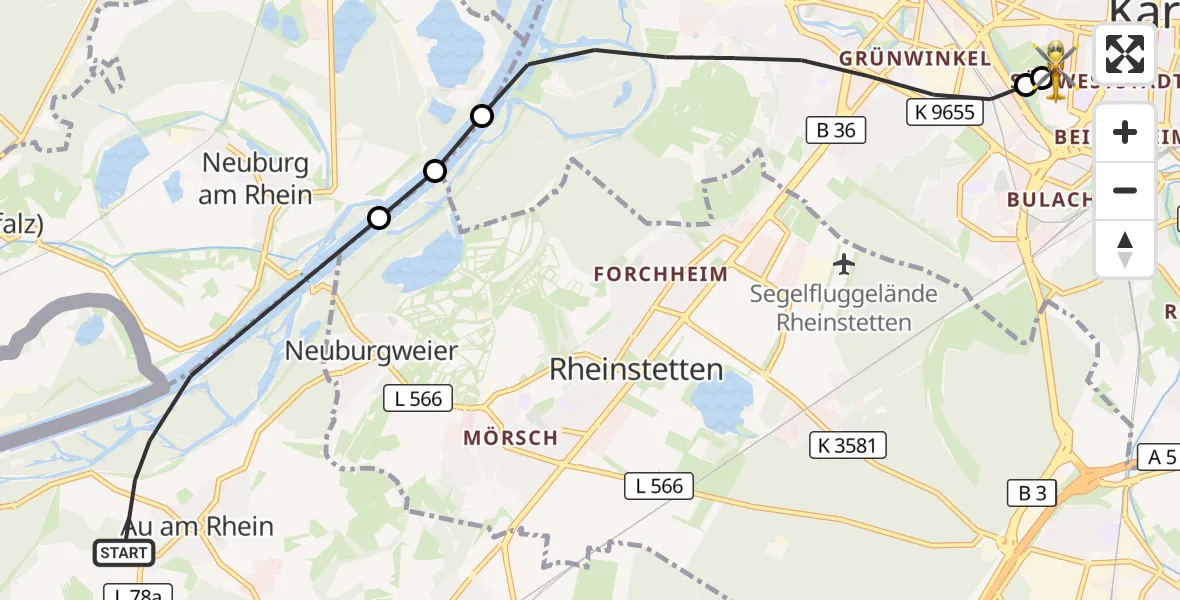 Flugroute Ambulanzhubschrauber Au am Rhein - Sankt Vincentius Hospital, 22 September 2026, 10:39