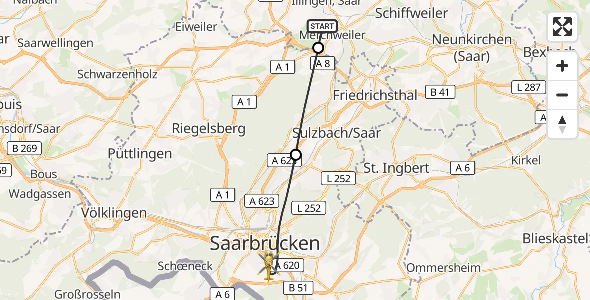 Flugroute Rettungshubschrauber Merchweiler - Saarbrücken, 22 September 2026, 10:45