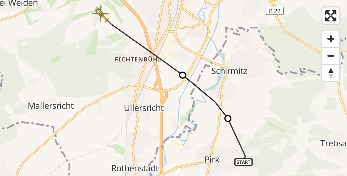 Flugroute Ambulanzhubschrauber Pirk - Weiden i.d.OPf., 22 September 2026, 10:46