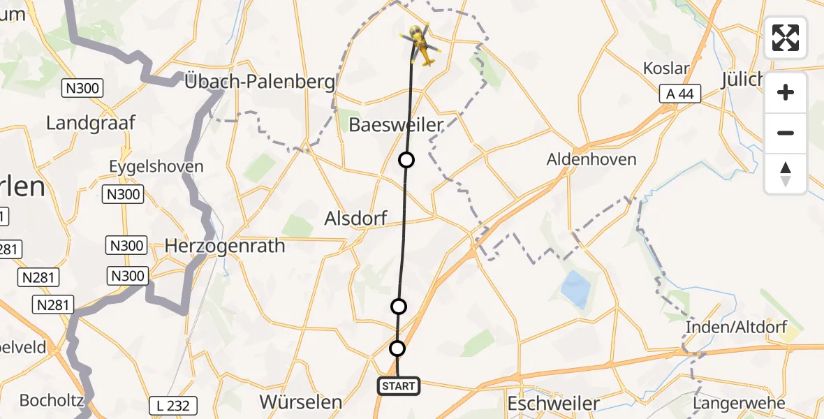 Flugroute Rettungshubschrauber Aachen-Merzbrück Flughafen - Baesweiler, 22 September 2026, 10:47