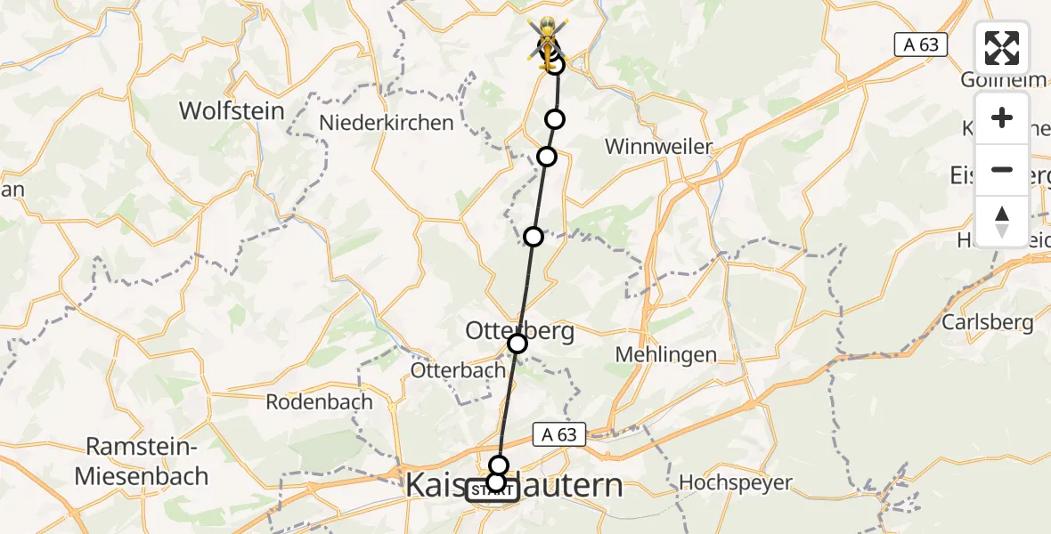 Flugroute Rettungshubschrauber Westpfalz Hospital Kaiserslautern - Rockenhausen, 22 September 2026, 10:53