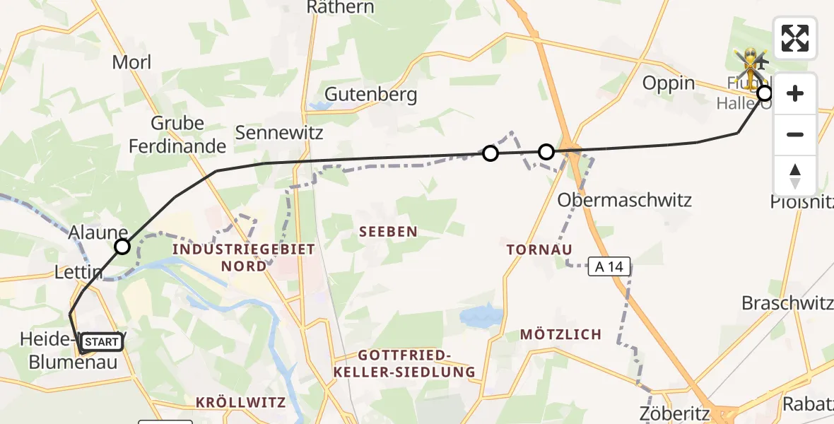 Flugroute Rettungshubschrauber Halle (Saale) - Halle-Oppin Flugplatz, 22 September 2026, 10:56