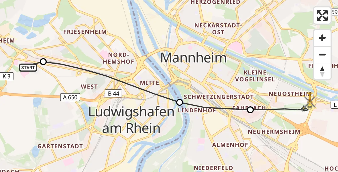Flugroute Rettungshubschrauber Ludwigshafen Accident Hospital - Mannheim-City Flughafen, 22 September 2026, 11:01