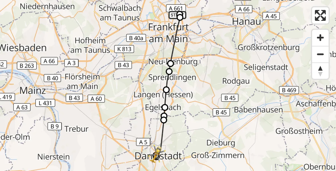 Flugroute Rettungshubschrauber Frankfurt am Main Accident Hospital Roof - Darmstadt Hospital, 22 September 2026, 11:15
