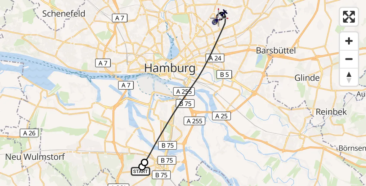 Flugroute Polizeihubschrauber Hamburg - Hamburg Military Hospital, 22 September 2026, 11:18