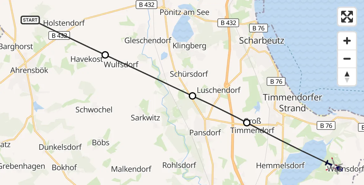 Flugroute Polizeihubschrauber Ahrensbök - Ratekau, 22 September 2026, 11:24