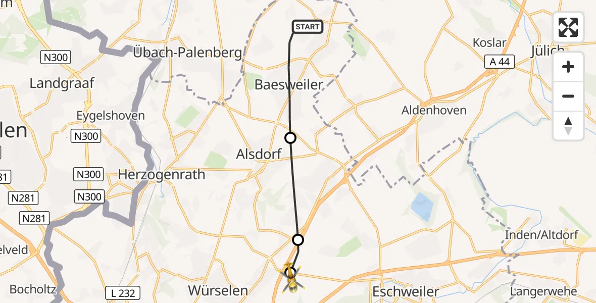 Flugroute Rettungshubschrauber Baesweiler - Aachen-Merzbrück Flughafen, 22 September 2026, 11:30