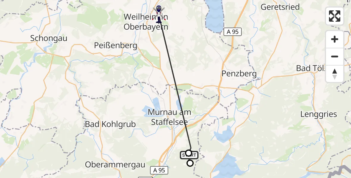 Flugroute Polizeihubschrauber Ohlstadt - Weilheim i.OB, 22 September 2026, 11:40