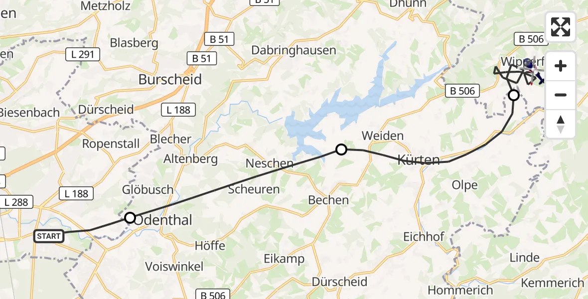 Flugroute Polizeihubschrauber Leverkusen - Wipperfürth, 22 September 2026, 11:42
