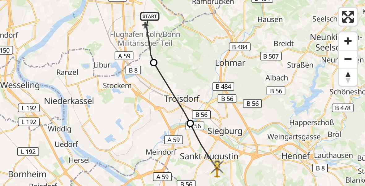 Flugroute Rettungshubschrauber Köln Bonn Flughafen - Sankt Augustin, 22 September 2026, 11:44