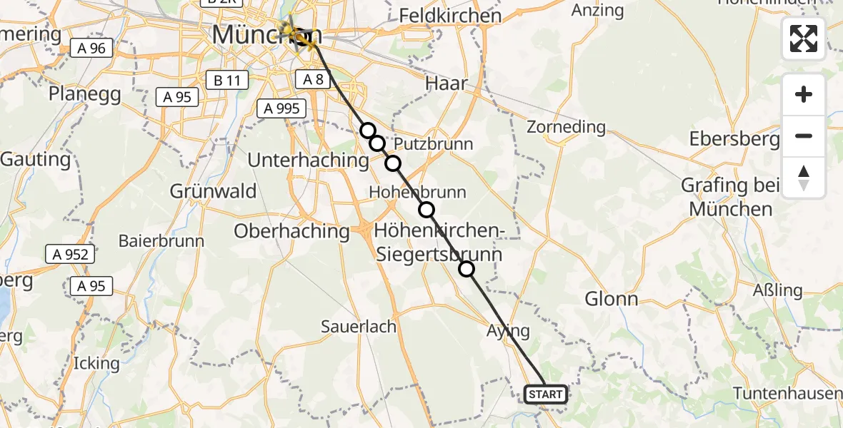 Flugroute Rettungshubschrauber Aying - Rechts der Isar University Hospital, 22 September 2026, 11:48