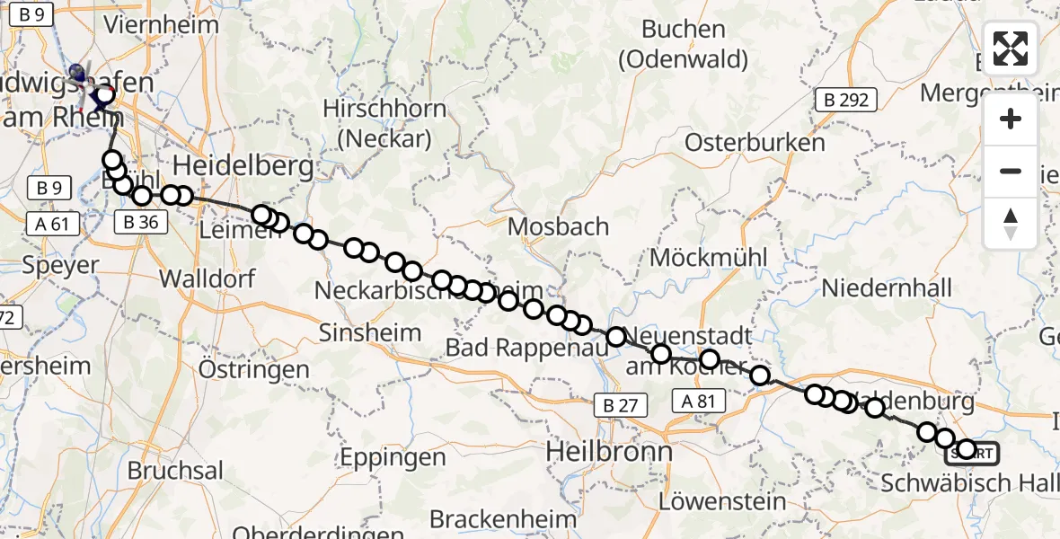 Flugroute Polizeihubschrauber Schwäbisch Hall - Mannheim, 22 September 2026, 11:53