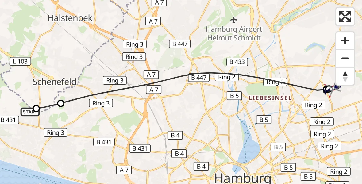Flugroute Polizeihubschrauber Hamburg - Hamburg Military Hospital, 22 September 2026, 11:58