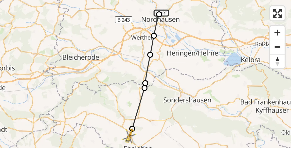Flugroute Rettungshubschrauber Südharz Hospital Nordhausen - Ebeleben, 22 September 2026, 12:00