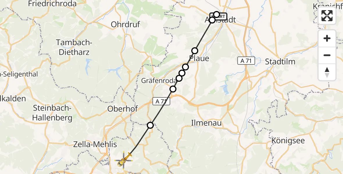Flugroute Rettungshubschrauber Ilm District Hospital Arnstadt-Ilmenau - Suhl-Goldlauter Flugplatz, 22 September 2026, 12:02