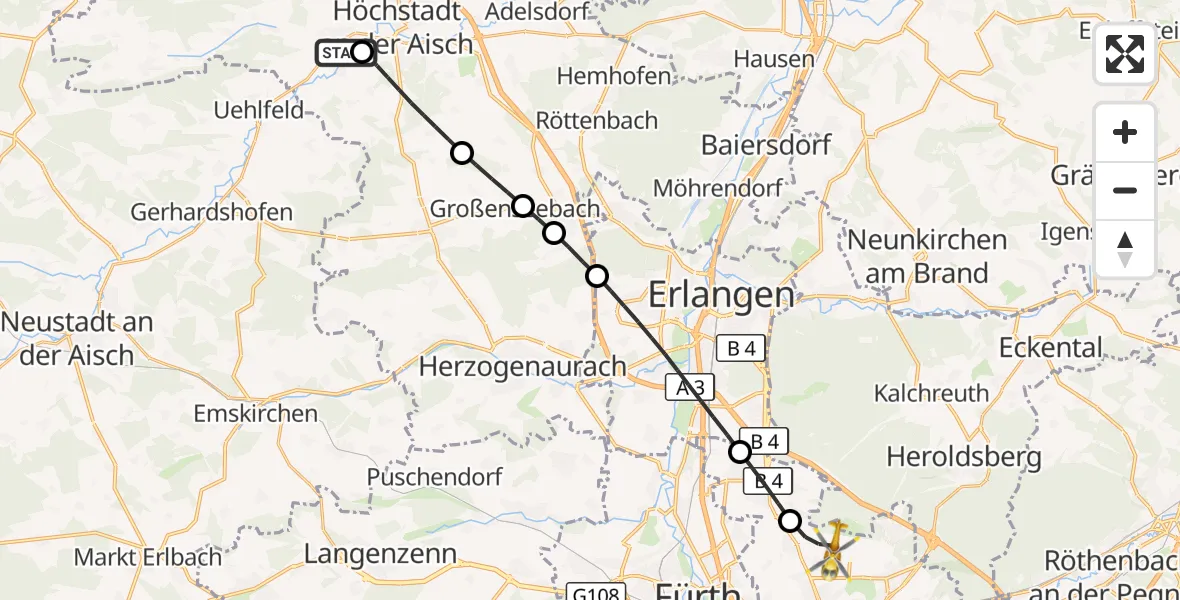 Flugroute Ambulanzhubschrauber Lonnerstadt - Flughafen Nuremberg, 22 September 2026, 12:09