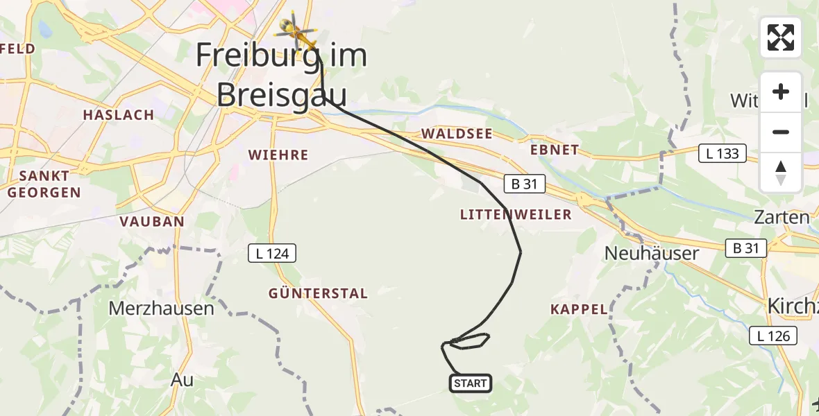Flugroute Ambulanzhubschrauber Freiburg im Breisgau - Freiburg im Breisgau, 22 September 2026, 12:16
