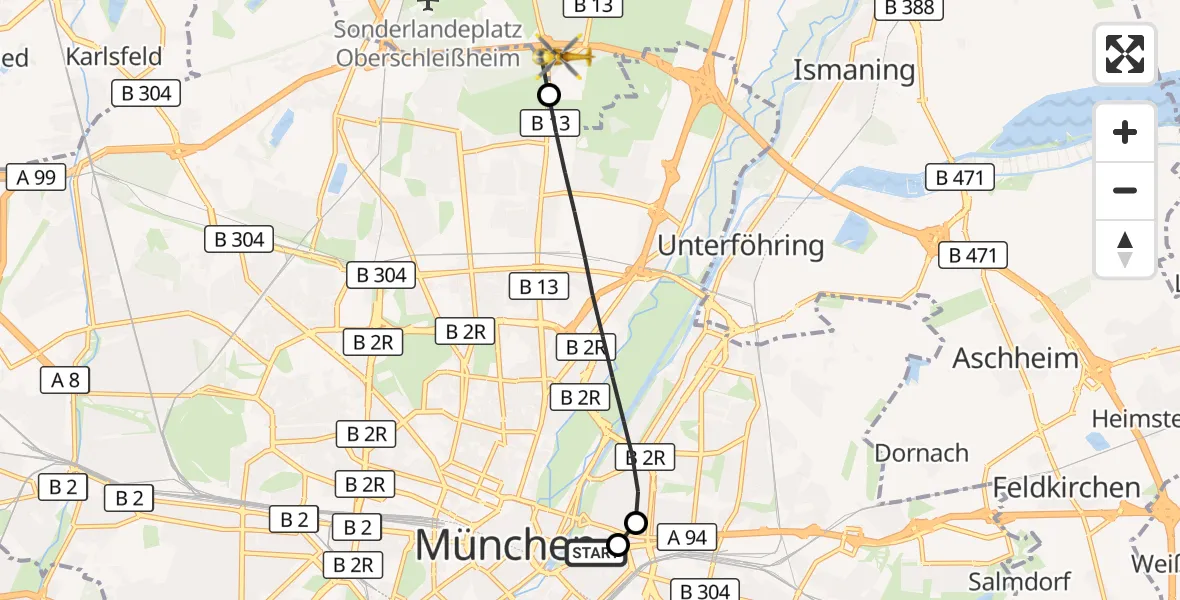 Flugroute Rettungshubschrauber Rechts der Isar University Hospital - Oberschleißheim, 22 September 2026, 12:20