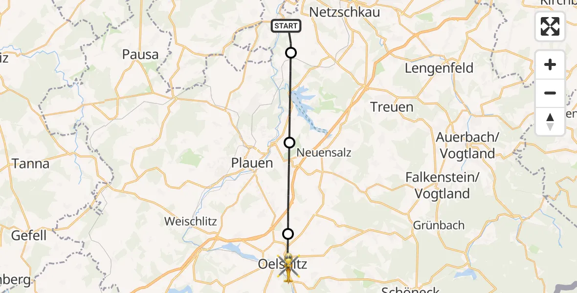 Flugroute Rettungshubschrauber Elsterberg - Oelsnitz/Vogtl., 22 September 2026, 12:20