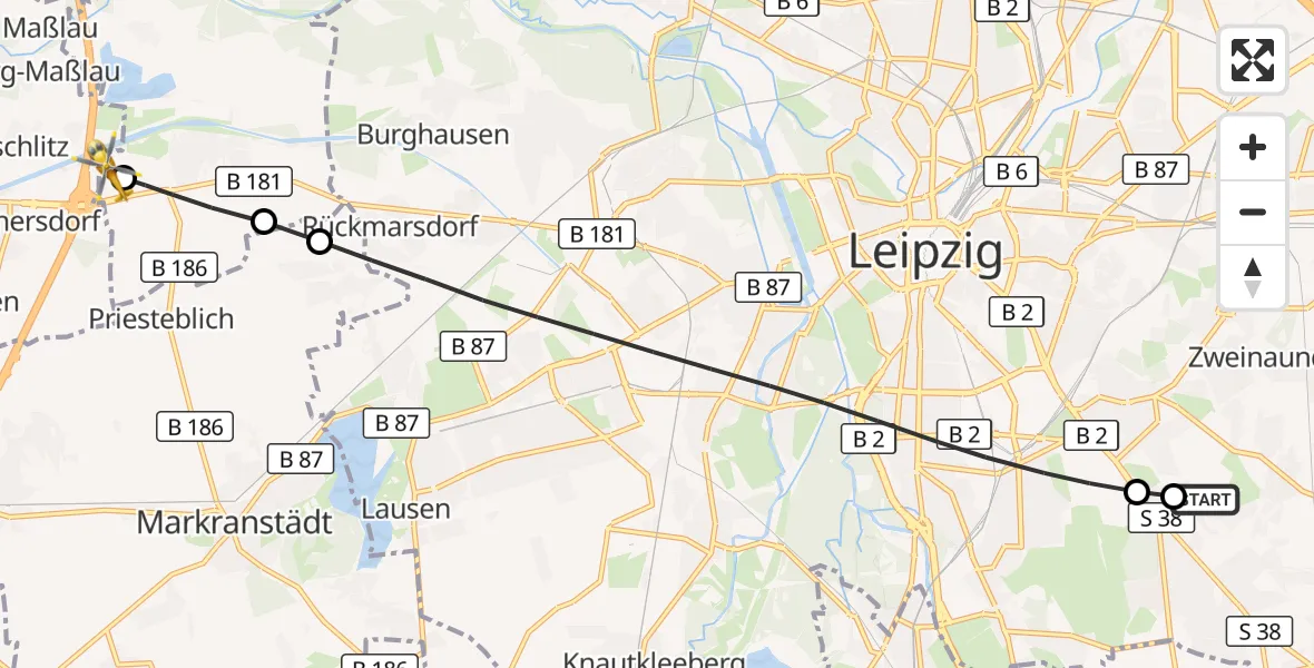 Flugroute Rettungshubschrauber Leipzig Heart Center Ground Hubschrauberlandeplatz - ADAC Air Rescue Station Leipzig/Schkeuditz-Dölzig Hubschrauberlandeplatz (Christoph 61), 22 September 2026, 12:21
