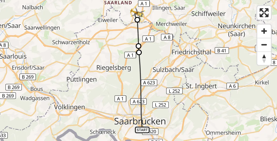 Flugroute Rettungshubschrauber Saarbrücken - Eppelborn, 22 September 2026, 12:30