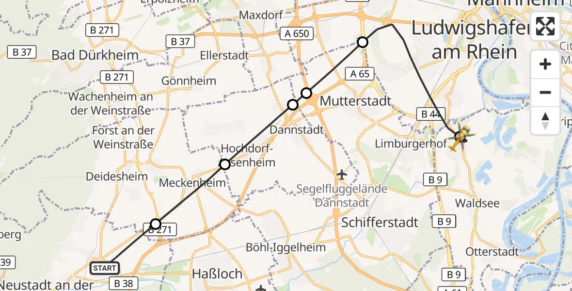 Flugroute Rettungshubschrauber Neustadt an der Weinstraße - Neuhofen, 22 September 2026, 12:30