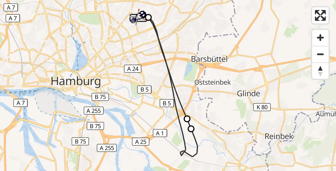 Flugroute Polizeihubschrauber Hamburg Military Hospital - Hamburg Military Hospital, 22 September 2026, 12:30
