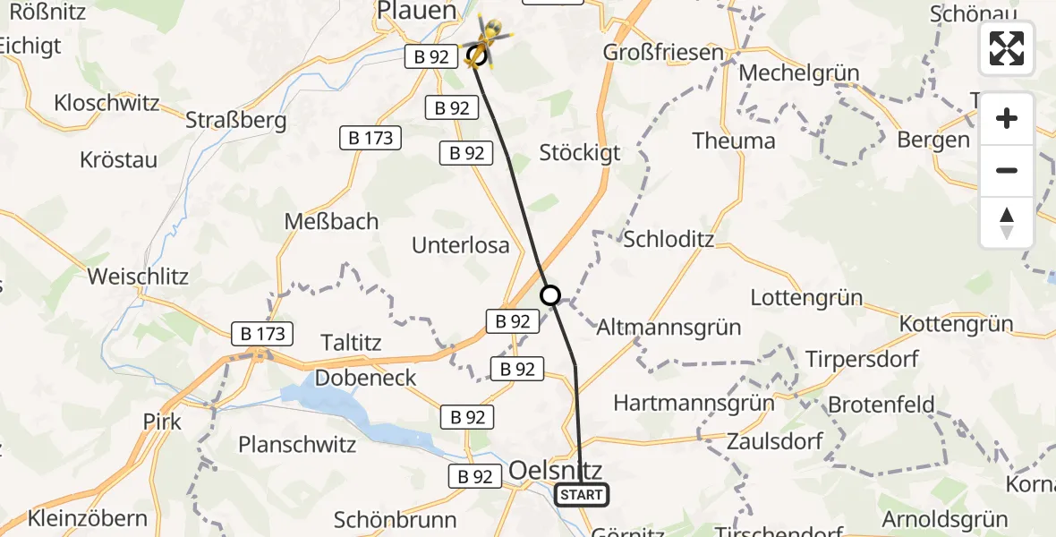 Flugroute Rettungshubschrauber Oelsnitz/Vogtl. - Helios Clinic Plauen, 22 September 2026, 12:52