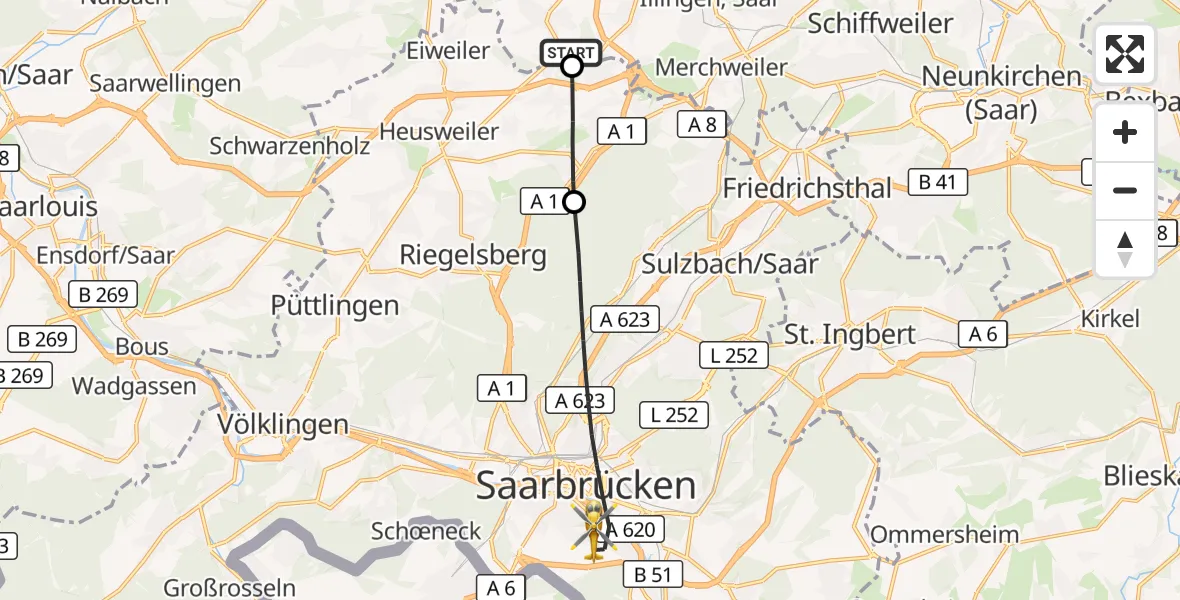 Flugroute Rettungshubschrauber Eppelborn - Saarbrücken, 22 September 2026, 13:10