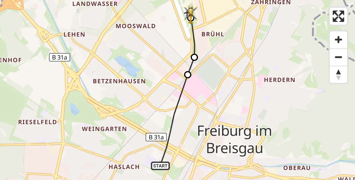 Flugroute Ambulanzhubschrauber Freiburg im Breisgau - Freiburg im Breisgau Flugplatz, 22 September 2026, 13:11