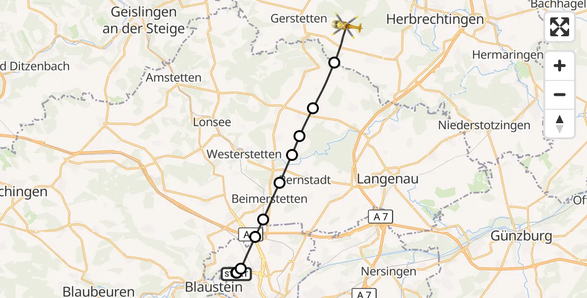 Flugroute Rettungshubschrauber Ulm Military Hospital Emergency - Gerstetten, 22 September 2026, 13:14