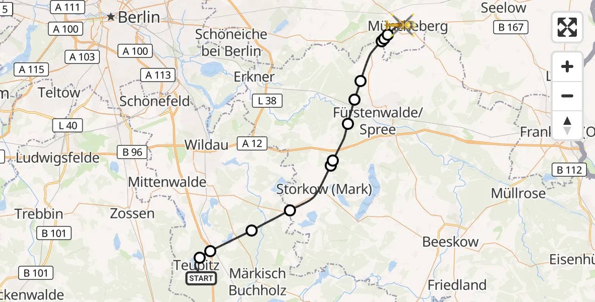 Flugroute Rettungshubschrauber Teupitz - Müncheberg, 22 September 2026, 13:16