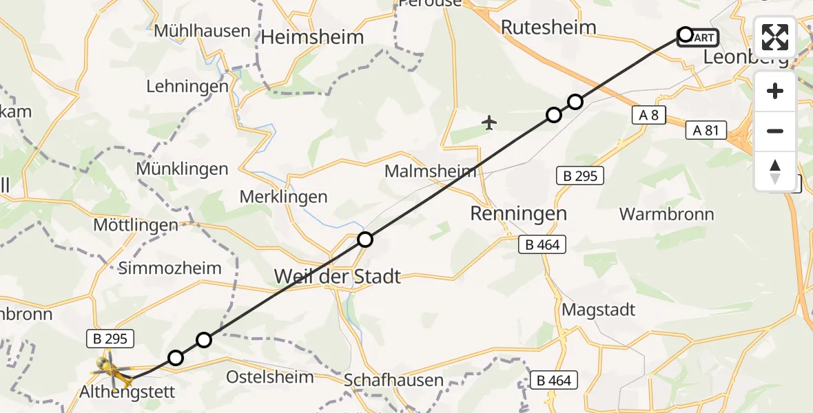 Flugroute Rettungshubschrauber Leonberg Hospital - Althengstett, 22 September 2026, 13:18