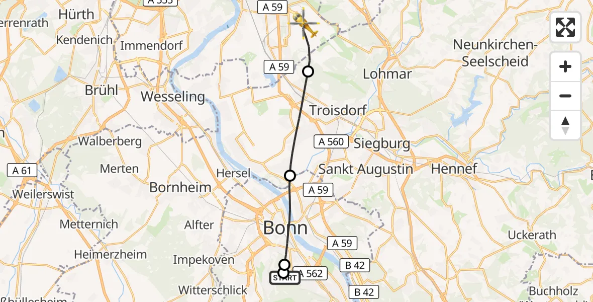 Flugroute Rettungshubschrauber Bonn University Hospital - Köln Bonn Flughafen, 22 September 2026, 13:25