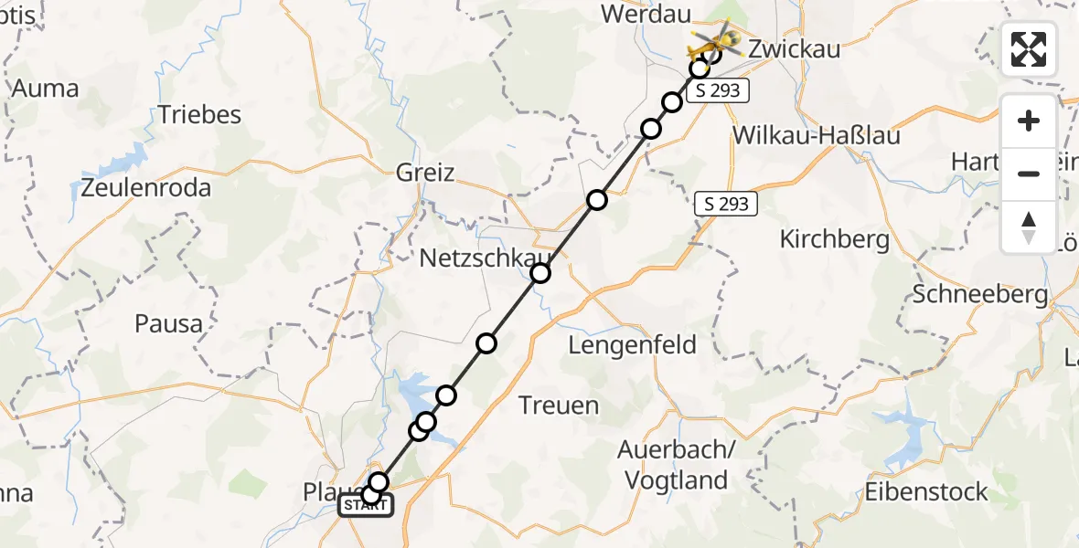 Flugroute Rettungshubschrauber Helios Clinic Plauen - ADAC Air Rescue Station Zwickau Hubschrauberlandeplatz, 22 September 2026, 13:30