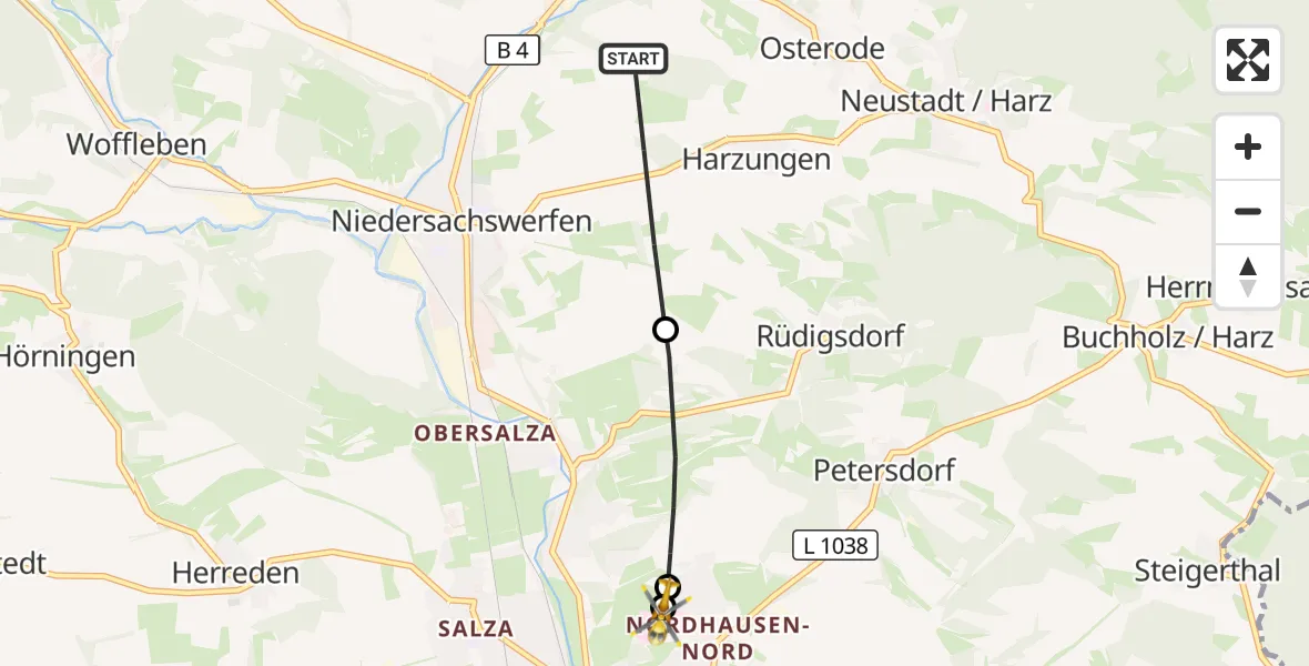 Flugroute Rettungshubschrauber Harztor - Südharz Hospital Nordhausen, 22 September 2026, 13:31