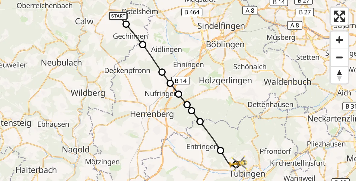 Flugroute Rettungshubschrauber Althengstett - Tübingen Trauma Hospital, 22 September 2026, 13:39