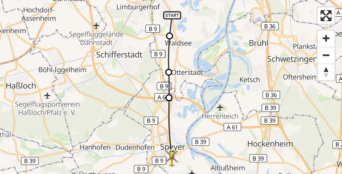 Flugroute Rettungshubschrauber Neuhofen - Speyer, 22 September 2026, 13:41