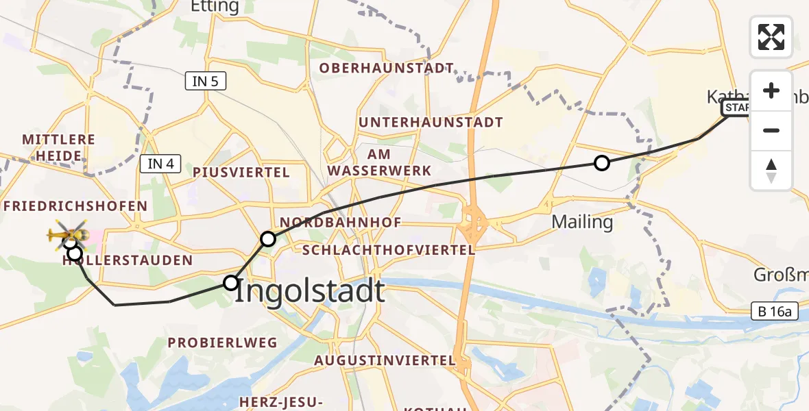 Flugroute Rettungshubschrauber Großmehring - Ingolstadt Hospital, 22 September 2026, 13:43