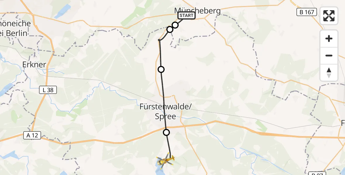 Flugroute Rettungshubschrauber Müncheberg - Bad Saarow, 22 September 2026, 13:50